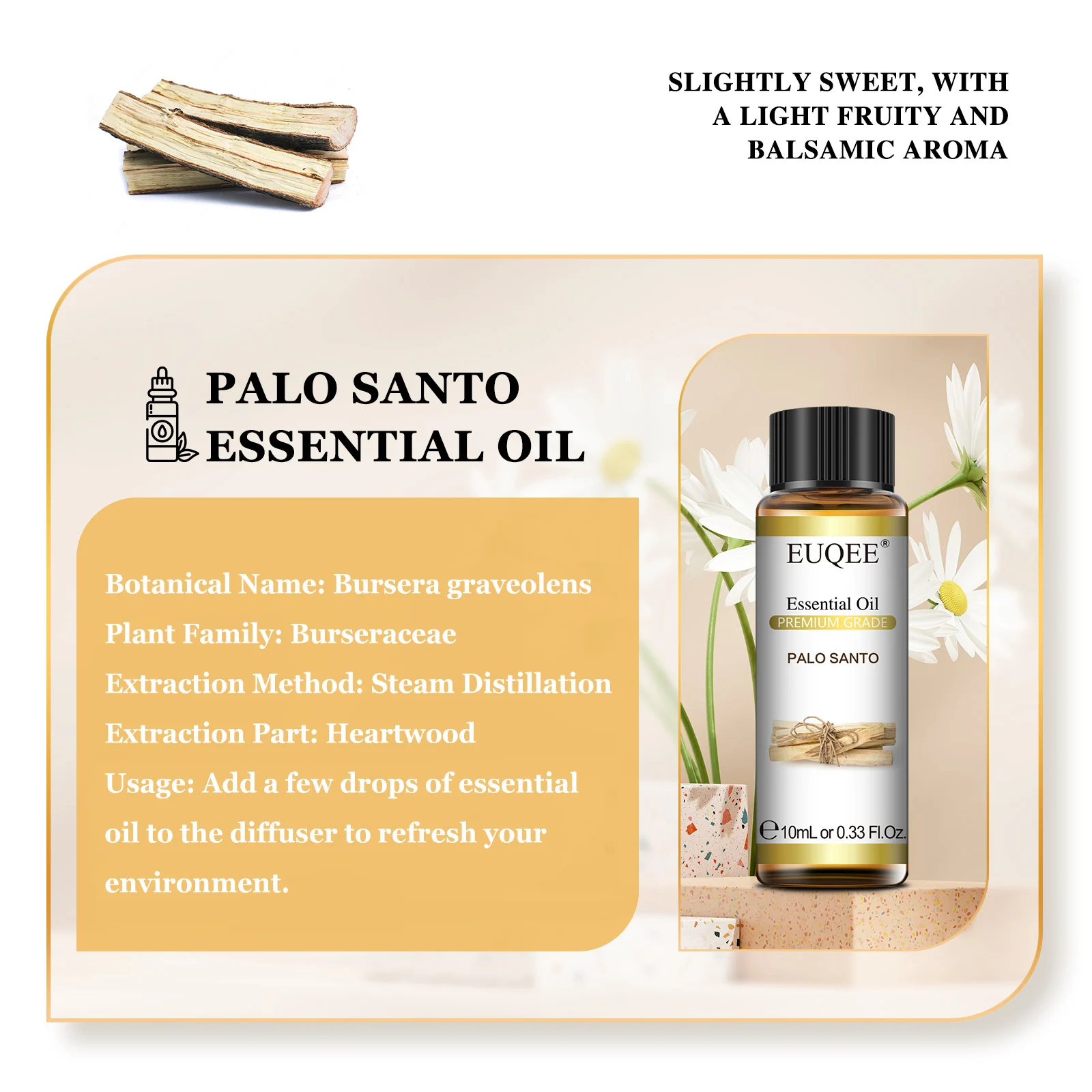 EUQEE 10ml Palo Santo Essential Oil - Oregano, Cardamom, Fennel & More - Image 3
